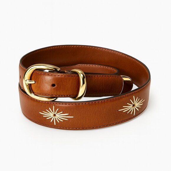 Brown Leather Starburst Embroidered Belt Gold Buckle Western Boho Unisex 36 - Picture 2 of 12